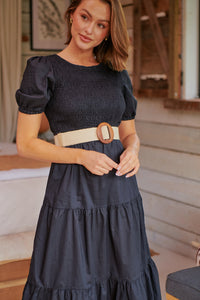Edna Black Shirred Bust Tiered Maxi Dress