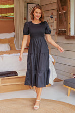 Load image into Gallery viewer, Edna Black Shirred Bust Tiered Maxi Dress