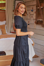 Load image into Gallery viewer, Edna Black Shirred Bust Tiered Maxi Dress