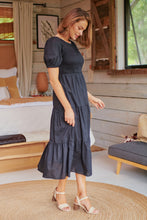 Load image into Gallery viewer, Edna Black Shirred Bust Tiered Maxi Dress