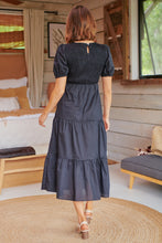 Load image into Gallery viewer, Edna Black Shirred Bust Tiered Maxi Dress
