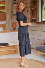 Load image into Gallery viewer, Edna Black Shirred Bust Tiered Maxi Dress