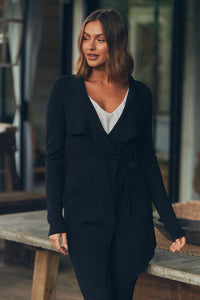 Sylvia Black Drape Tie Waist Cardigan