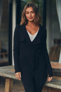 Sylvia Black Drape Tie Waist Cardigan