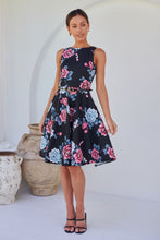 Load image into Gallery viewer, Ibigale Black/Grey/Pink Floral Belted Aline Classic Dress