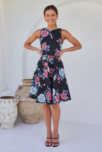 Load image into Gallery viewer, Ibigale Black/Grey/Pink Floral Belted Aline Classic Dress