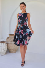 Load image into Gallery viewer, Ibigale Black/Grey/Pink Floral Belted Aline Classic Dress