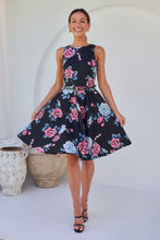 Load image into Gallery viewer, Ibigale Black/Grey/Pink Floral Belted Aline Classic Dress