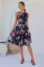 Load image into Gallery viewer, Ibigale Black/Grey/Pink Floral Belted Aline Classic Dress
