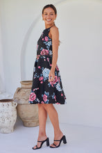 Load image into Gallery viewer, Ibigale Black/Grey/Pink Floral Belted Aline Classic Dress