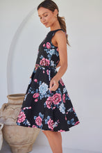 Load image into Gallery viewer, Ibigale Black/Grey/Pink Floral Belted Aline Classic Dress