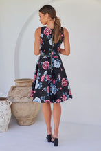 Load image into Gallery viewer, Ibigale Black/Grey/Pink Floral Belted Aline Classic Dress