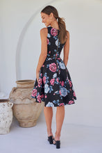 Load image into Gallery viewer, Ibigale Black/Grey/Pink Floral Belted Aline Classic Dress
