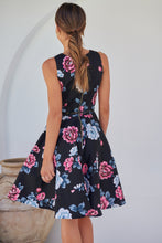 Load image into Gallery viewer, Ibigale Black/Grey/Pink Floral Belted Aline Classic Dress