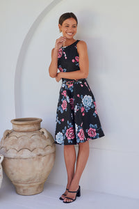 Ibigale Black/Grey/Pink Floral Belted Aline Classic Dress