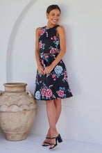 Load image into Gallery viewer, Ibigale Black/Grey/Pink Floral Belted Aline Classic Dress