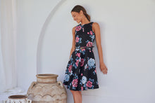 Load image into Gallery viewer, Ibigale Black/Grey/Pink Floral Belted Aline Classic Dress