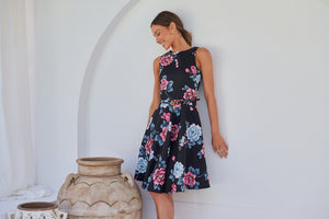 Ibigale Black/Grey/Pink Floral Belted Aline Classic Dress