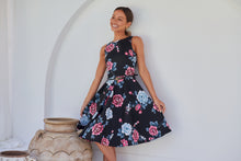 Load image into Gallery viewer, Ibigale Black/Grey/Pink Floral Belted Aline Classic Dress