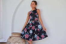 Load image into Gallery viewer, Ibigale Black/Grey/Pink Floral Belted Aline Classic Dress
