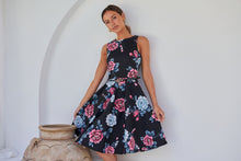 Load image into Gallery viewer, Ibigale Black/Grey/Pink Floral Belted Aline Classic Dress