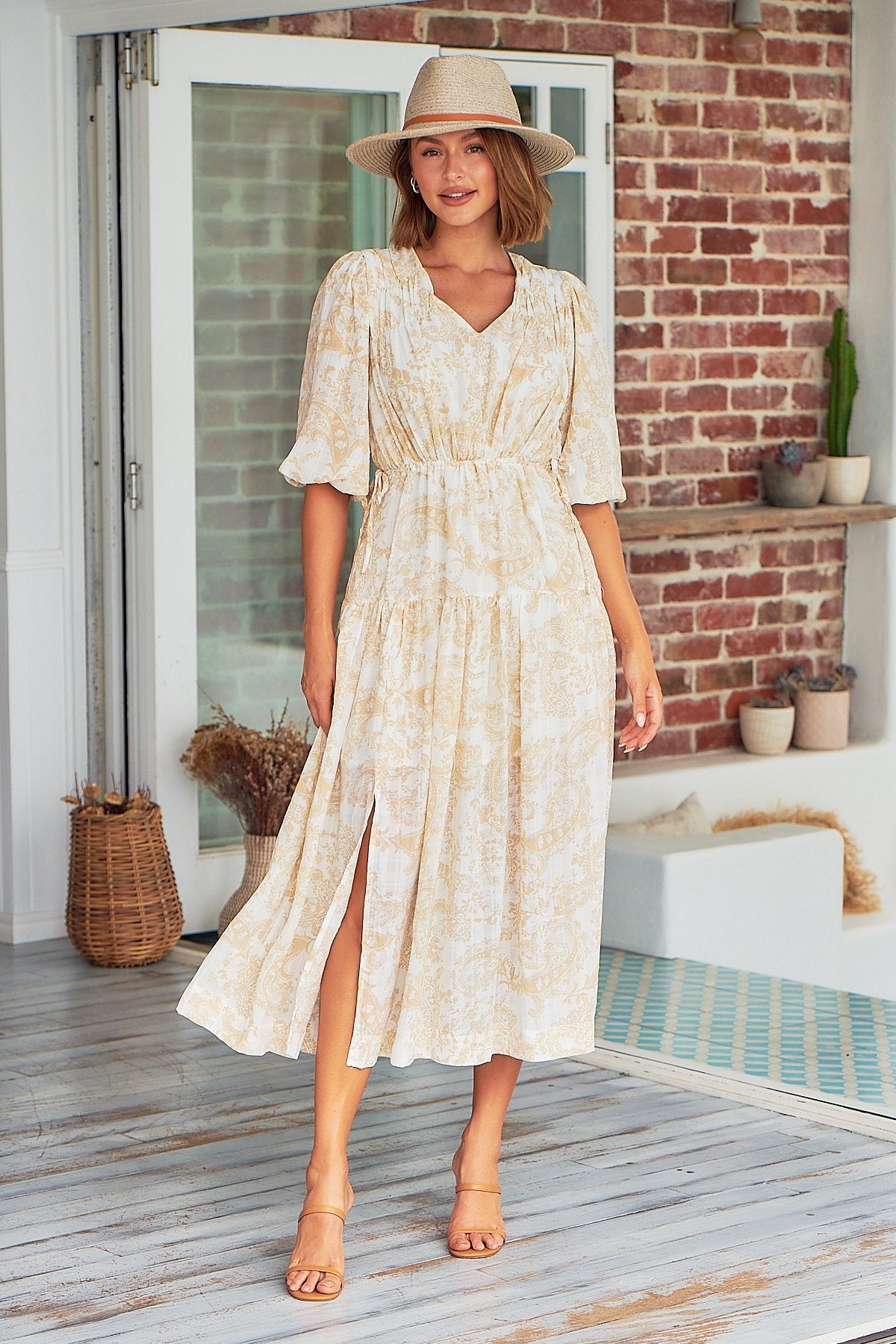 Pippa Half Sleeve White/Beige Paisley Print Maxi Dress