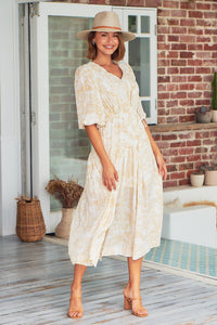 Pippa Half Sleeve White/Beige Paisley Print Maxi Dress