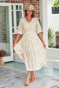 Pippa Half Sleeve White/Beige Paisley Print Maxi Dress