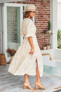 Pippa Half Sleeve White/Beige Paisley Print Maxi Dress