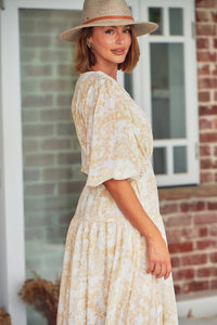 Pippa Half Sleeve White/Beige Paisley Print Maxi Dress