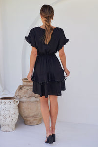 Brooklyn Frill Sleeve Black Linen Dress