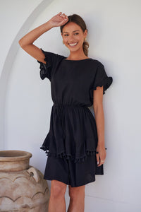 Brooklyn Frill Sleeve Black Linen Dress