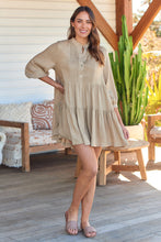 Load image into Gallery viewer, Mei Beige Long Sleeve Button Linen Dress