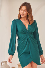 Load image into Gallery viewer, Melinda Emerald Satin Cross Over Long Sleeve Mini Dress