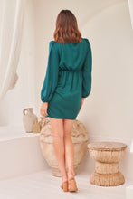 Load image into Gallery viewer, Melinda Emerald Satin Cross Over Long Sleeve Mini Dress