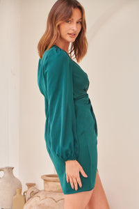 Melinda Emerald Satin Cross Over Long Sleeve Mini Dress