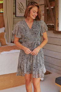 Olive Chiffon Cross Over Leopard Print Dress