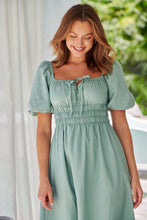 Load image into Gallery viewer, Vera Sage Green Puff Sleeve Linen Midi Dress