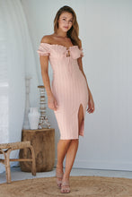 Load image into Gallery viewer, Kiara Shirred Peach Off shoulder Dress