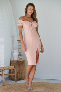 Kiara Shirred Peach Off shoulder Dress