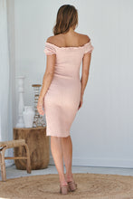 Load image into Gallery viewer, Kiara Shirred Peach Off shoulder Dress