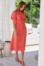 Load image into Gallery viewer, Cove Watermelon Faux Linen Short Sleeve Knot Front Dress