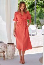 Load image into Gallery viewer, Cove Watermelon Faux Linen Short Sleeve Knot Front Dress