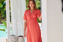 Load image into Gallery viewer, Cove Watermelon Faux Linen Short Sleeve Knot Front Dress