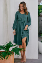 Load image into Gallery viewer, Davis Long Sleeve Tie Waist Green Dress