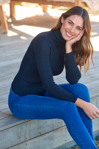 Winnie Ribbed Fitted High Neck Black Top