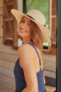 Piper Beige Black Ribbon Floppy Hat