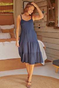 Nora S/less Navy Linen Blend Tiered Midi Dress