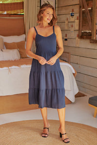 Nora S/less Navy Linen Blend Tiered Midi Dress