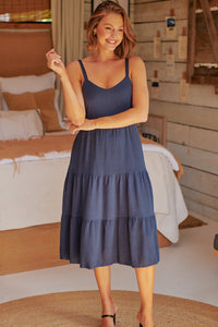 Nora S/less Navy Linen Blend Tiered Midi Dress